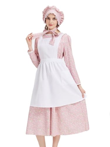 Prärie-Pionier-Kleid, florales Pilger-Kostüm, für Erwachsene, langes Kolonial-Kostüm mit Motorhaube, Größe R-L von Cosvana