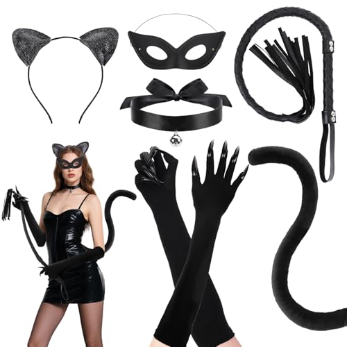 Halloween-Katzen-Kostüm-Zubehör für Damen, schwarze Maske, Ohren, Schwanz, Set für Erwachsene, Halloween-Party, Maskerade, Cosplay-Geschenke, Schwarz, 32.3 Halloween-Katzen-Kostüm-Zubehör für Damen, schwarze Maske, Ohren, Schwanz, Set für Erwachsene, Halloween-Party, Maskerade, Cosplay-Geschenke, Schwarz, 32.3 von Cosweet