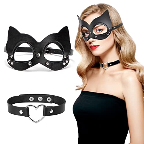 Catwoman Maske Und Choker Set, Katze Maske Leder Maske Katzenmaske Maske Damen Schwarze PU Katzenmaske Maskerade Maske Halbgesichtsmaske FüR Halloween Cosplay (Leder2) von Cosysparks