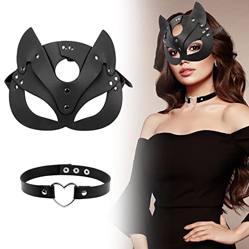 Catwoman Maske Und Choker-Set, Katze Maske Leder Maske Katzenmaske Maske Damen Schwarze PU Katzenmaske Maskerade Maske Halbgesichtsmaske FüR Halloween Cosplay (Leder1) von Cosysparks