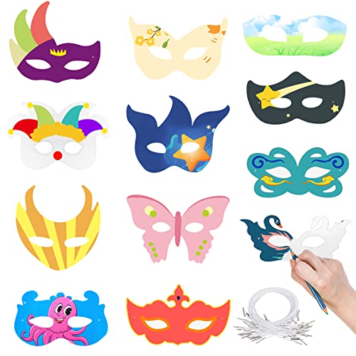 Cosysparks Blanko Bemalen Masken, 12 Stück Kindermasken Zum Bemalen Masken Zum Ausmalen Kinder DIY Masken Kinder für Kinder Zum Dekorieren von Cosplay-Anzieh-Geburtstagsfeiern von Cosysparks