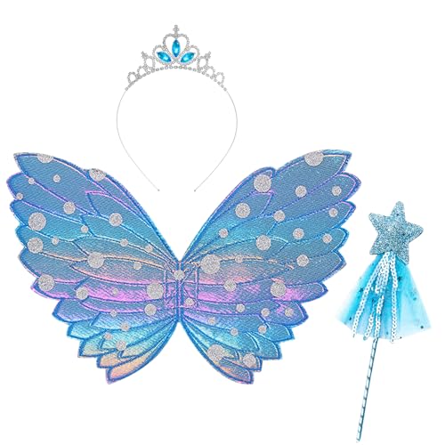 Cosysparks Feenflügel für kinder 3-Pack Schmetterling Flügel Kostüm Set mit funkelnden Krone Stäbe für Mädchen Halloween Geburtstagsparty (Blau) von Cosysparks
