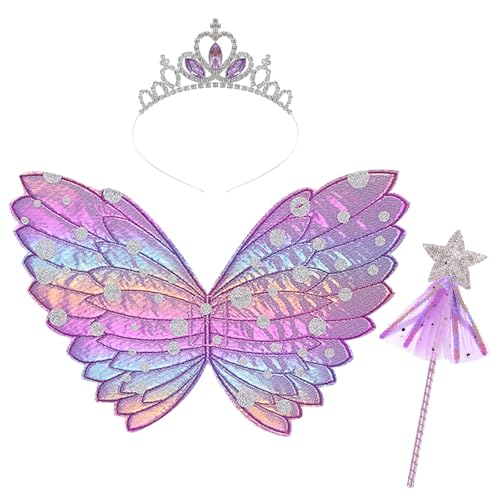Cosysparks Feenflügel für kinder 3-Pack Schmetterling Flügel Kostüm Set mit funkelnden Krone Stäbe für Mädchen Halloween Geburtstagsparty (Lila) von Cosysparks