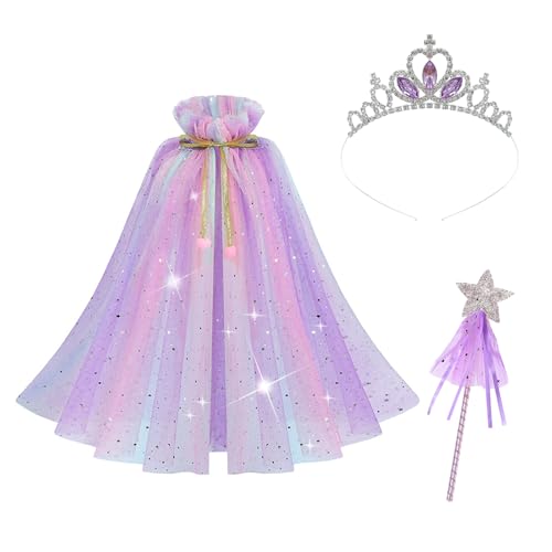 Cosysparks Prinzessin umhang mädchen, Lila Bunt Fasching umhang Kinder Funkelnde Pailletten Tüll Halloween umhang Kinder Prinzessinnen-Kostüm Halloween-Kostüm mit Feenstab für 6-10 Jahre alte Mädchen von Cosysparks