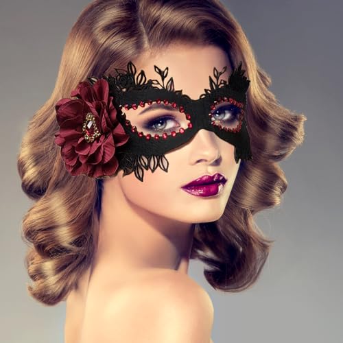 Karneval Maske Maskenball für Frauen, Filz Maskerade Maske Kostüm Schwarz Halloween Maske mit roter Blume 1920er Jahre Mardi Gras Party Maske Ball Maske für Cosplay Karneval Maske Maskenball für Frauen, Filz Maskerade Maske Kostüm Schwarz Halloween Maske mit roter Blume 1920er Jahre Mardi Gras Party Maske Ball Maske für Cosplay von Cosysparks