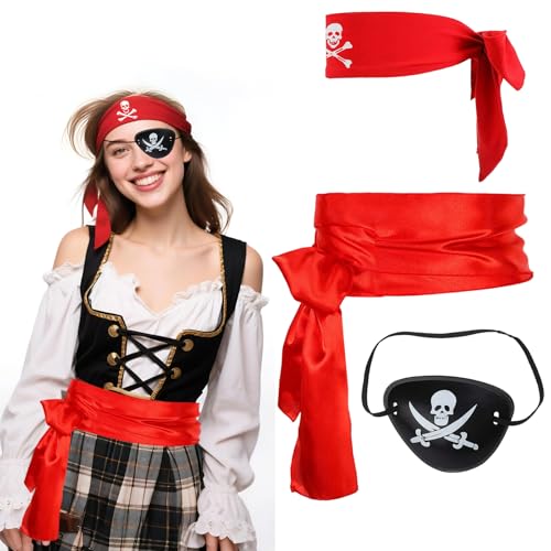 Piratenkostüm Damen Herren, 3 Pack Piraten Zubehör mit Rot Bandana Auge Patch und Sash Frauen Männer Piratens Fancy Kleid für Halloween Cosplay Piraten Rollenspiel Party (Rot) von Cosysparks