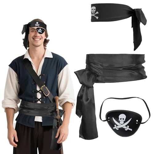 Piratenkostüm Damen Herren, 3 Pack Piraten Zubehör mit Schwarz Bandana Auge Patch und Sash Frauen Männer Piratens Fancy Kleid für Halloween Cosplay Piraten Rollenspiel Party (Schwarz) von Cosysparks