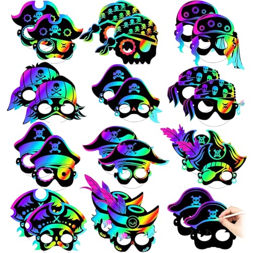 Piratenmaske Kratzbilder für Kinder, 24 Stück DIY Papiermasken zum Dekorieren von Kindern Lustige Magie Scratch Art Masken Craft Kit für Halloween Geburtstag Cosplay Themenparty (Piraten) von Cosysparks