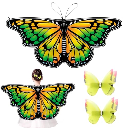 Schmetterlingsflügel Kinder, 3 Pcs Kostüm Schmetterling Mädchen Kostüm Schmetterling Umhang mit Schmetterling Haarspangen für Mädchen Prinzessin Pretend Play Party Gefälligkeiten (Grün Gelb) von Cosysparks