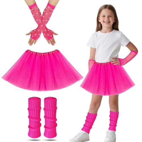 Stulpen Tütü Kinder,80er Jahre Fancy Kleid Für Kinder Mit Rosa Bein Warmer Tutu Rock Neon Fishnet Handschuhe 80er Jahre Fancy Kleid 80er Jahre Themenparty Kostüm Zubehör Set Für Mädchen (Rosa) von Cosysparks