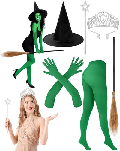 Cotwinter 6-teiliges Hexenkostüm für Damen, inklusive schwarzer Besenhut, grüne Ärmel, Leggings, Prinzessin, Stern, Zauberstab, Königin, Krone für Halloween, West-Spook-Partys, Feiern, Gastgeschenke Cotwinter 6-teiliges Hexenkostüm für Damen, inklusive schwarzer Besenhut, grüne Ärmel, Leggings, Prinzessin, Stern, Zauberstab, Königin, Krone für Halloween, West-Spook-Partys, Feiern, Gastgeschenke von Cotwinter
