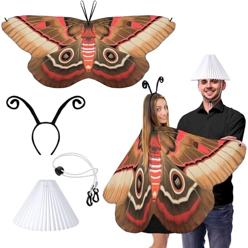 Cotwinter Halloween Motte und Lampe Paar Kostüm Erwachsene Schmetterling Flügel Umhang mit Stirnband Lampenschirm für Paar Cosplay Party, Braun/Rot, Moth cape: approx. 67 x 29 inches/ 170 x 73 cm von Cotwinter