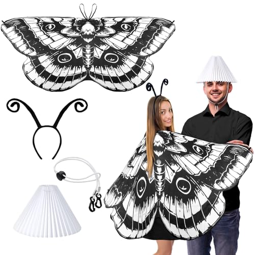 Cotwinter Halloween Motte und Lampe Paar Kostüm Erwachsene Schmetterling Flügel Umhang mit Stirnband Lampenschirm für Paar Cosplay Party, schwarz, weiß, Moth cape: approx. 67 x 29 inches/ 170 x 73 cm von Cotwinter