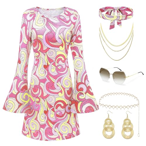 Coucoland 70er Jahre Disco Outfits für Frauen - 60er Jahre Hippie Kleid Kostüm Party Zubehör Set Sonnenbrille Stirnband, Pink, S Coucoland 70er Jahre Disco Outfits für Frauen - 60er Jahre Hippie Kleid Kostüm Party Zubehör Set Sonnenbrille Stirnband, Pink, S von Coucoland