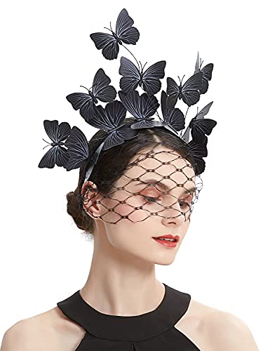 Coucoland Fascinators Hut Schleier Stirnband Schmetterling Fascinator Kopfschmuck für Derby Tea Party (schwarz), L-schwarz, Einheitsgröße von Coucoland