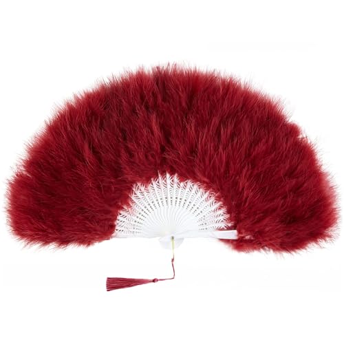 Coucoland Pink Feder Fächer mit Pink Griff Damen 1920s Accessoires Feder Handfächer für Gatsby Cocktail Hochzeit Party Halloween Fasching Karneval Kostüm Zubehör Weinrot von Coucoland