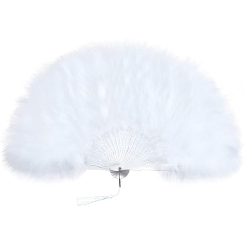 Coucoland Pink Feder Fächer mit Pink Griff Damen 1920s Accessoires Feder Handfächer für Gatsby Cocktail Hochzeit Party Halloween Fasching Karneval Kostüm Zubehör Weiß von Coucoland