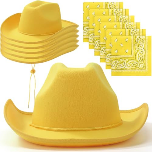 6 Sets Cowboyhut für Erwachsene für Damen und Herren, Western-Cowgirl-Hüte mit verstellbarem Kordelzug und Cowboy-Party, Paisleymuster, Bandana, gelb, Einheitsgröße 6 Sets Cowboyhut für Erwachsene für Damen und Herren, Western-Cowgirl-Hüte mit verstellbarem Kordelzug und Cowboy-Party, Paisleymuster, Bandana, gelb, Einheitsgröße von Coume