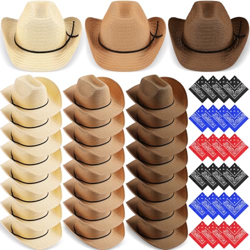 Coume 24 Sets Stroh-Cowboyhüte und Bandanas in Großpackung, Cowboy-Cap-Kopf-Bandana-Kostüm für Erwachsene, Sommer, Halloween-Party, Mehrfarbig, Eine Größe passt meistens von Coume