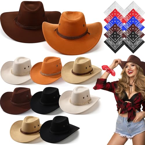 Coume Cowboyhut und Bandana für Damen und Herren, 10 Cowgirl-Cowboyhut, 10 Western-Bandanas für Erwachsenenkostüm-Party (mehrfarbig, klassischer Stil) von Coume