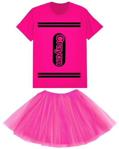Coume Crayon T-Shirt, Halloween-Kostüm-Set für Damen, Buntstift, Halloween, Gruppen-Team, Cosplay, Kostüm, cooler Tutu-Rock, Größe M-2XL (M,Hot Pink) von Coume