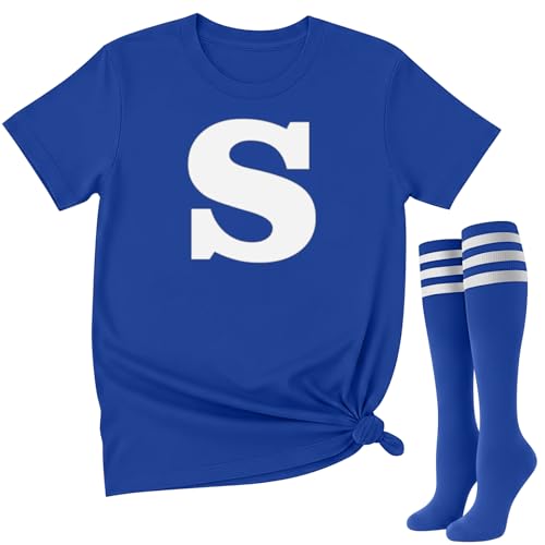 Coume Halloween-Gruppenkostüm für Damen, lustiges Buchstaben-T-Shirt, Süßigkeiten-Team-Kostüm und gestreifte kniehohe Socken für Halloween, Cosplay (Blau, M) von Coume