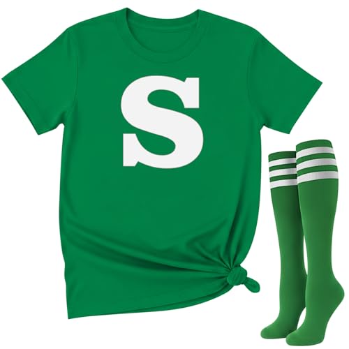 Coume Halloween-Gruppenkostüm für Damen, lustiges Buchstaben-T-Shirt, Süßigkeiten-Team-Kostüm und gestreifte kniehohe Socken für Halloween, Cosplay (Grün, M) von Coume