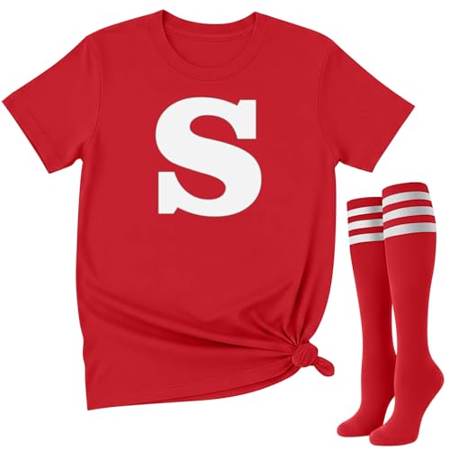 Coume Halloween-Gruppenkostüm für Damen, lustiges Buchstaben-T-Shirt, Süßigkeiten-Team-Kostüm und gestreifte kniehohe Socken für Halloween, Cosplay (rot, groß) von Coume