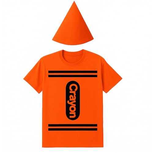 Coume Halloween-Kostüm-Set, Wachsmalstift, T-Shirt, Filzhut, Halloween, lustig, cooles Gruppen-Team-Kostüm für Damen und Herren, Cosplay, M, Orange von Coume