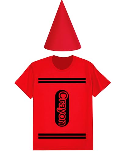Coume Halloween-Kostüm-Set, Wachsmalstift, T-Shirt, Filzhut, Halloween, lustig, cooles Gruppen-Team-Kostüm für Damen und Herren, Cosplay (L, Rot) von Coume