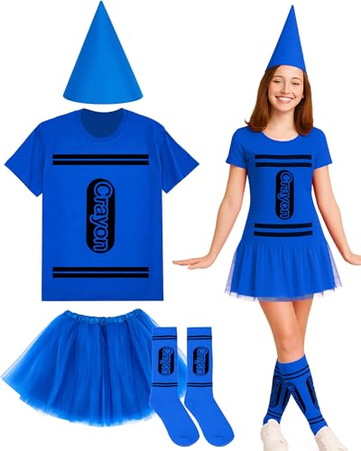 Coume Halloween-Kostüm-Set, Wachsmalstift, T-Shirt, Tutu, Hut, Socke, Halloween, Gruppen-Team, lustiges Shirt, Tutu für Damen, Cosplay, Blau, L von Coume