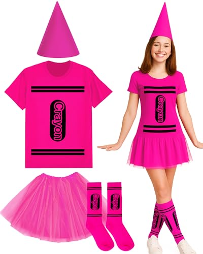 Coume Halloween-Kostüm-Set, Wachsmalstift, T-Shirt, Tutu, Hut, Socke, Halloween, Gruppen-Team, lustiges Shirt, Tutu für Damen, Cosplay, Knallpink (Hot Pink), XXL von Coume