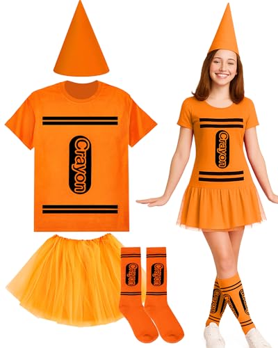 Coume Halloween-Kostüm-Set, Wachsmalstift, T-Shirt, Tutu, Hut, Socke, Halloween, Gruppen-Team, lustiges Shirt, Tutu für Damen, Cosplay, Orange/Abendrot im Zickzackmuster (Sunset Chevron), L von Coume