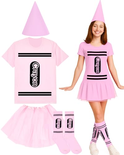 Coume Halloween-Kostüm-Set, Wachsmalstift, T-Shirt, Tutu, Hut, Socke, Halloween, Gruppen-Team, lustiges Shirt, Tutu für Damen, Cosplay, Pink, XL von Coume