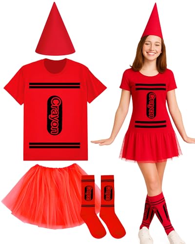 Coume Halloween-Kostüm-Set, Wachsmalstift, T-Shirt, Tutu, Hut, Socke, Halloween, Gruppen-Team, lustiges Shirt, Tutu für Damen, Cosplay, Rot/Ausflug, einfarbig (Getaway Solids), XXL von Coume