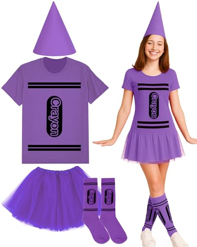 Coume Halloween-Kostüm-Set, Wachsmalstift, T-Shirt, Tutu, Hut, Socke, Halloween, Gruppen-Team, lustiges Shirt, Tutu für Damen, Cosplay, Violett, XXL von Coume