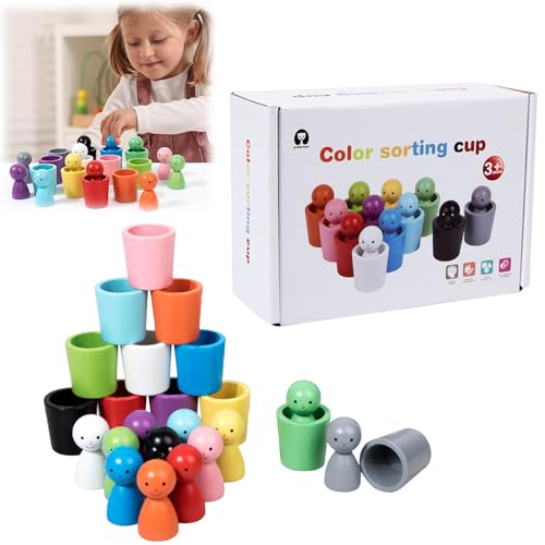 Color Sorting Cups, Farb Sortierbecher Hölzerne Peg Puppen In Tassen arbsortierung und Passendes Spielzeug für Kleinkinder Spielset zur Farberkennung für Kinder (A) von Covermason