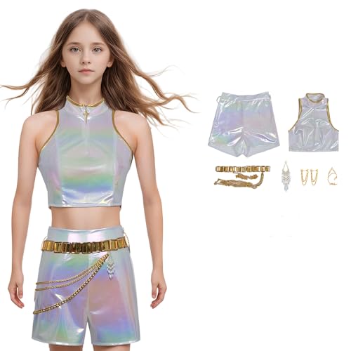 Cowuecah Dämonenjäger Mira Zoey Rumi Kostüm Cosplay Weiß Anzug Top Shorts Gürtel Anhänger Ohrringe Halloween Outfits (rumi, 8(height140cm)) von Cowuecah