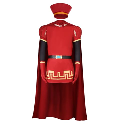 Cowuecah Erwachsene Farquaad Kostüm Cosplay Voll Anzug Roter Mantel Robe Kap Hut Handschuhe Gürtel Kopfbedeckung Halloween Outfits (red, 2XL) von Cowuecah