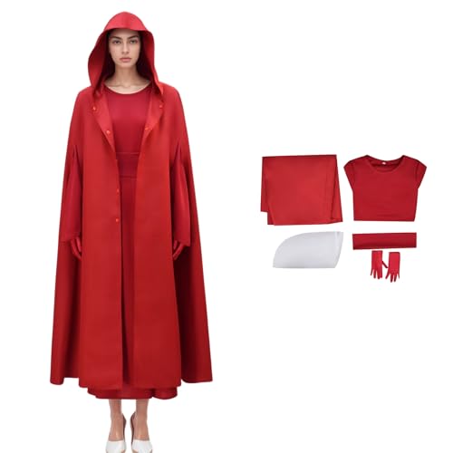 Cowuecah Frauen Handmädchen Offred Kostüm Weiß Bonnet Hut Tasche Erwachsener Cosplay Rotes Kleid Halloween Outfits (red, 2XL) von Cowuecah