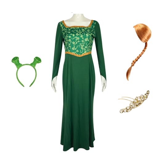 Cowuecah Frauen Prinzessin Fiona Kostüm Erwachsene Perücke Kopfhülle Cosplay Fiona Grün Langes Kleid Halloween Outfits (green, L) von Cowuecah