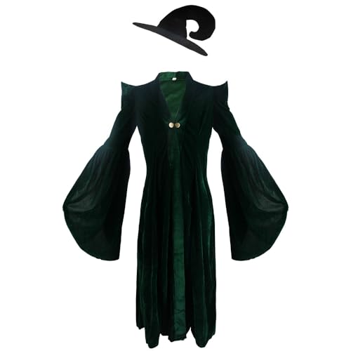 Cowuecah Frauen Professor McGonagall Kostüm Cosplay Grün Kleid Magischer Zauberer Robe Mit Spitzhut Erwachsener Halloween Outfits (green, XXL) von Cowuecah