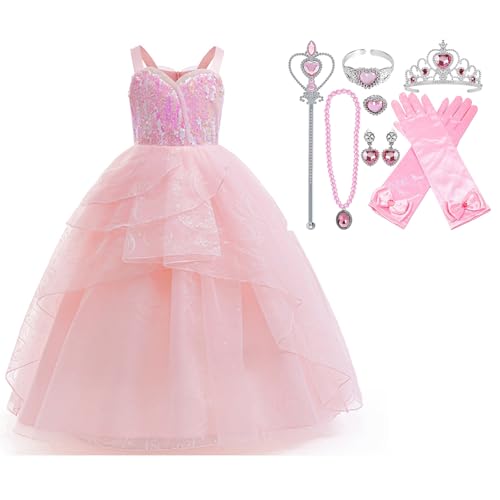 Cowuecah Glinda Kostüm Hexe Cosplay Glinda Kleid Pink Mesh Anzug Zubehör Glones Pailletten Halloween Outfits (pink, 4Y(height110cm)) von Cowuecah