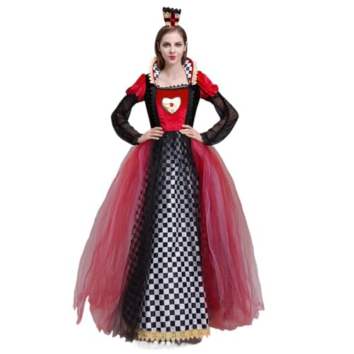 Cowuecah Königin der Herzen Kostüm, Damen Cosplay Kleid, Schwarz-Rot, mit Kopfschmuck, Halloween (red, M) von Cowuecah