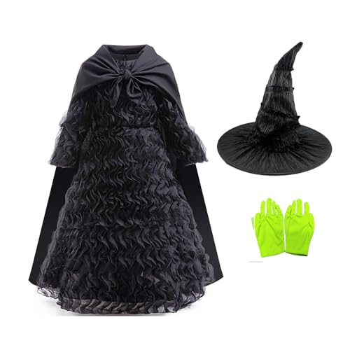 Elphaba Kostüm Hexe Cosplay Elphaba Kleid Anzug Kleid Mantel Kap Handschuhe Halloween Outfits (black, 8(height140cm)) von Cowuecah