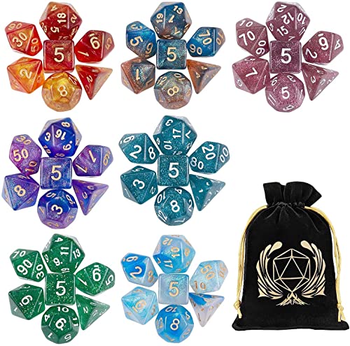 Polyedrische Würfel, Coyeekn 7 x 7 Sets (49 PCS) Polyeder Glitzer würfel für Dungeons & Dragons RPG MTG DND Tischspiel Würfel D4 D8 D10 D12 D20 von Coyeekn