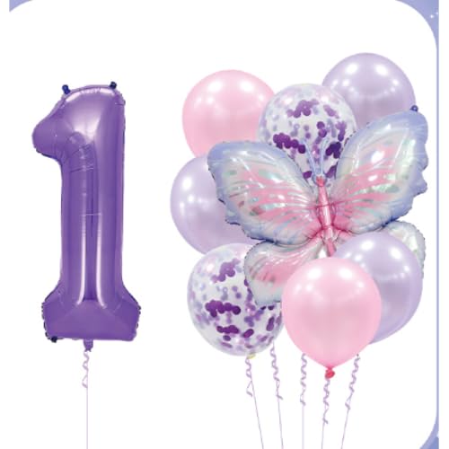 New Pink Purple Butterfly luftballon, 1. Geburtstag Jahr Mädchen Happy Flower Folienballon, Schmetterlinge Deko, Themenparty Dekoration von Cozevdnt