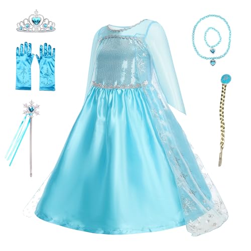 Cozymixx Kinder Prinzessin Kleider für Mädchen Elsa Kostüm mit Zubehör Geburtstagsparty Halloween Rollenspiel Kleid (5–6 Jahre/130) von Cozymixx