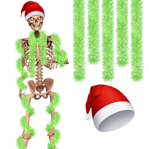 Cozypower 3 Stück 3,6 m Skelett-Kostüm-Zubehör, inklusive riesiger Weihnachtsmütze und 2 Stück 200 cm Metallic-Girlanden, Skelett-Kostüm-Dekoration für Weihnachts-Party-Zubehör (Rot, Hellgrün) von Cozypower