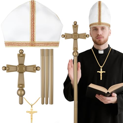 Cozypower 3 Stück Halloween Papst Kostüm katholischer Kardinal Bischof Priester Hut Crozier Staff Cane Halskette für Erwachsene Männer Cozypower 3 Stück Halloween Papst Kostüm katholischer Kardinal Bischof Priester Hut Crozier Staff Cane Halskette für Erwachsene Männer von Cozypower